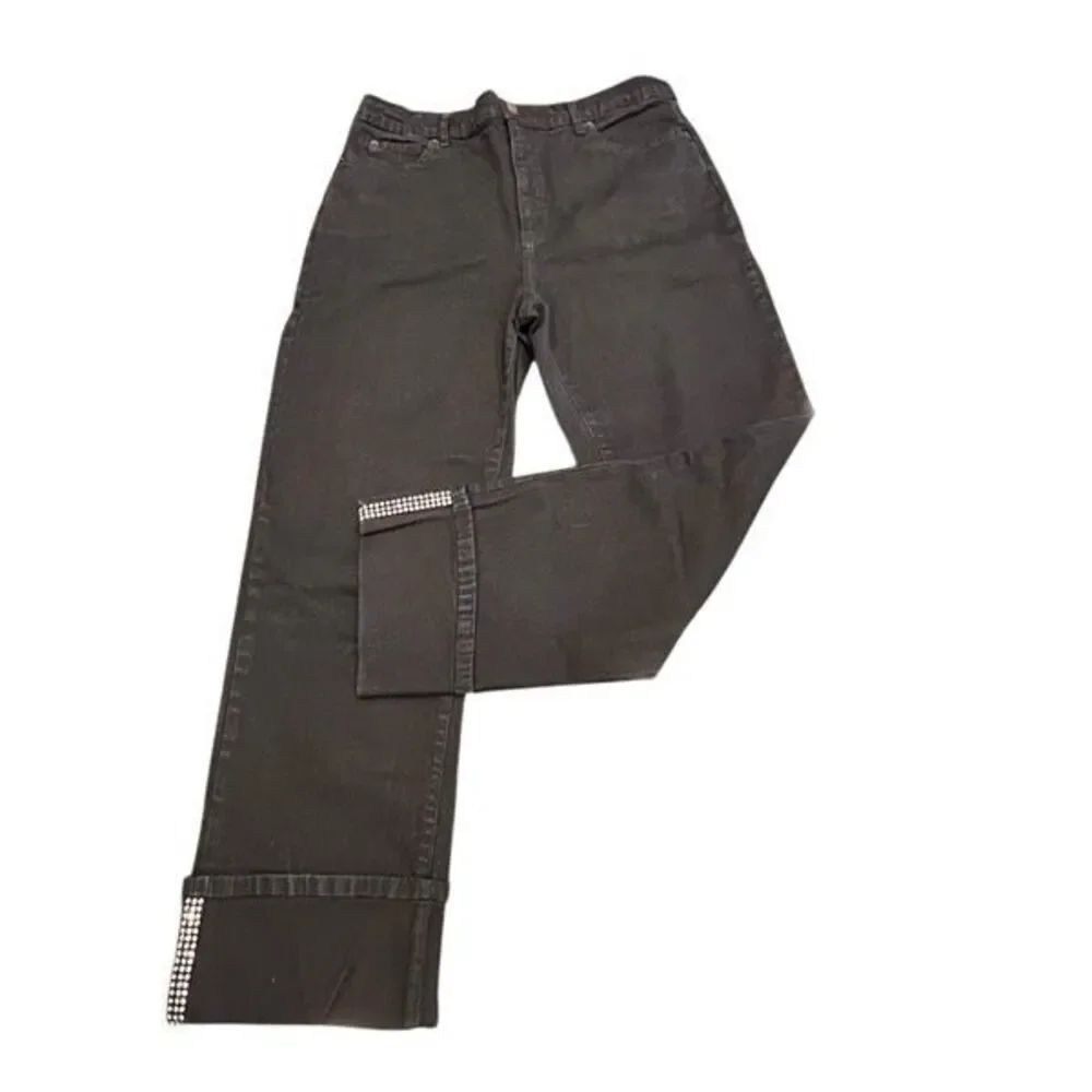 NYDJ Women's High Rise Cuffed Roll-Up Rhinestone Cropped Denim Jeans Black Sz 12